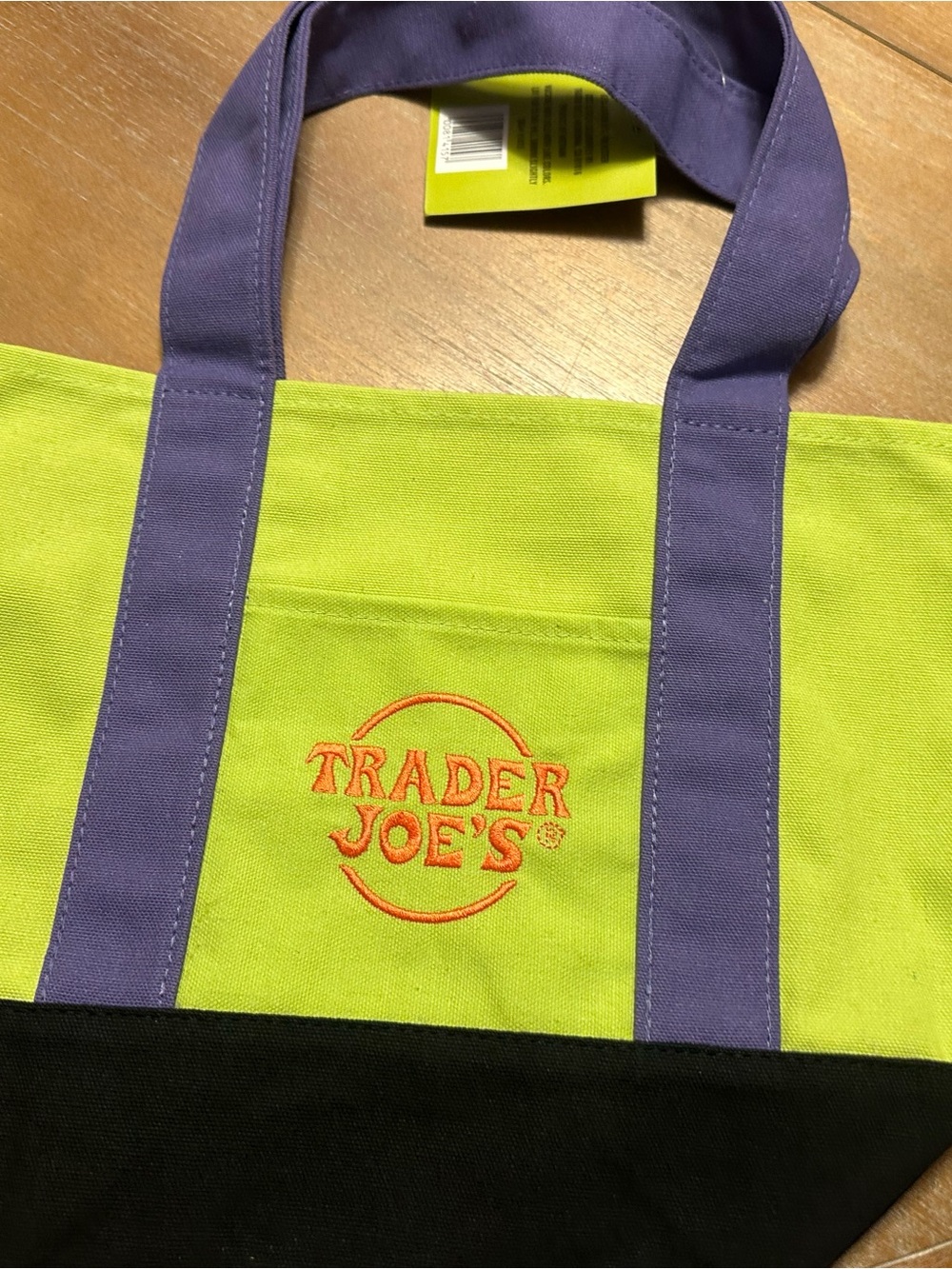 Trader Joe's Lime Green Canvas Tote with Purple Straps